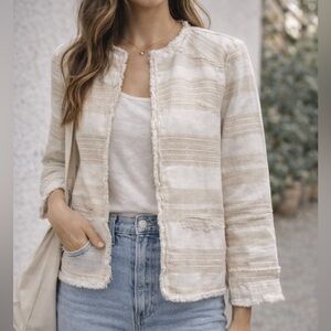 Greylin stripe linen cotton  Blazer small fringe trim open front